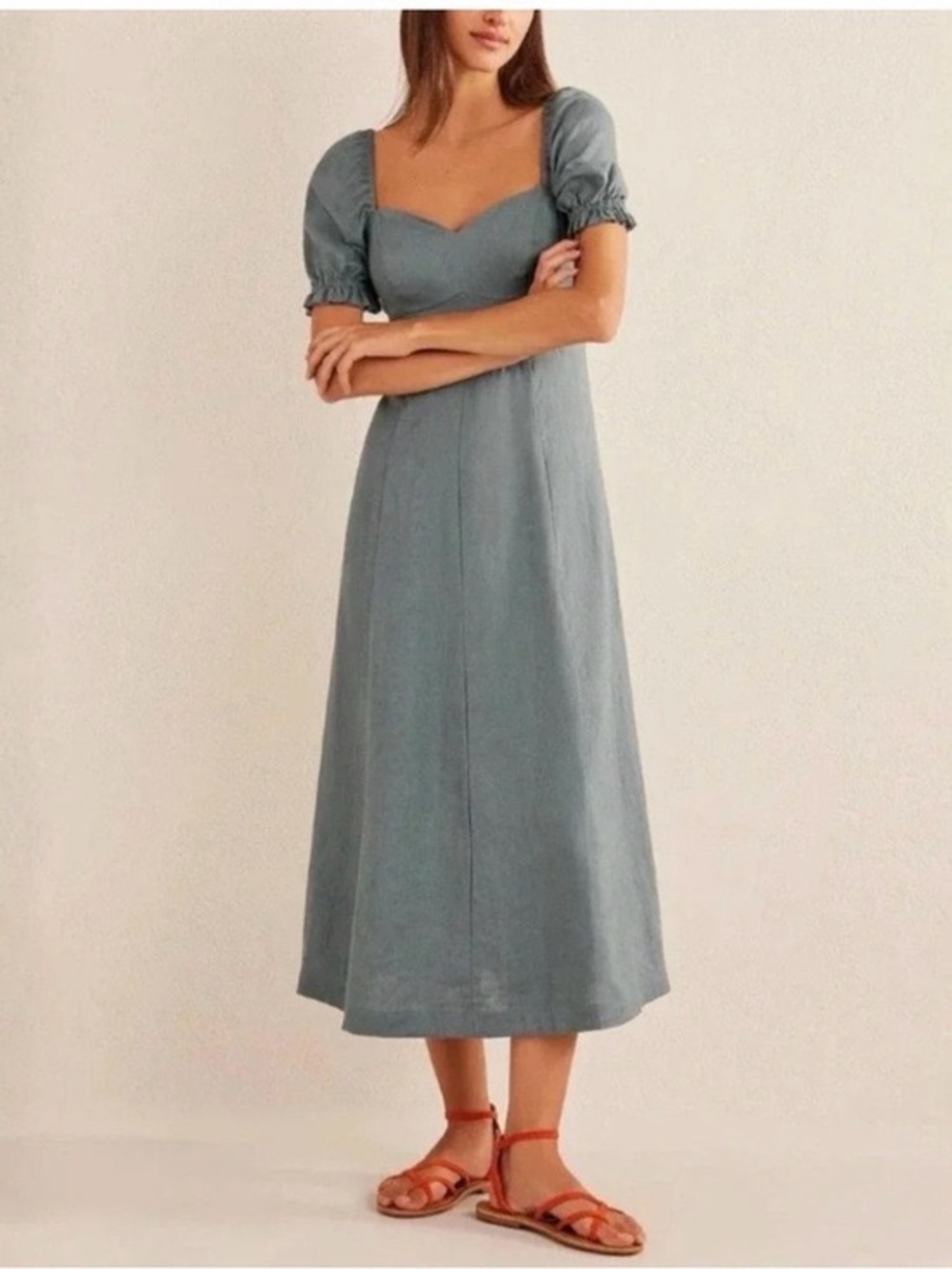 Boden Linen Puff Sleeve Sweetheart Midi Dress Sea Blue Green US 12P NEW
